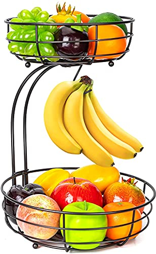 Cesto per frutta con porta banana – 2 ripiani in metallo – Cucina in piedi moderni ciotole per frutta – Cestino decorativo per frutta – Bronzo