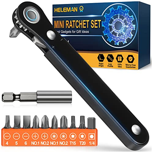 Right Angle Screwdriver Stocking Stuffers - Mini Ratcheting 90 Degree Offset Bit Set EDC Gear Pocket Screwdriver Low Profile Ratchet for Tight Space Sewing Machine Tool Gifts for Men Women