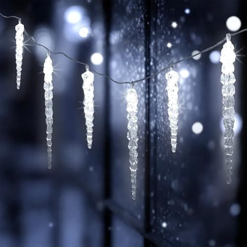 Spetebo LED catena luminosa a ghiacciolo bianco freddo con timer - 285 cm / 20 LED - illuminazione decorativa da giardino con 8 funzioni - tenda luminosa da esterno nevischio Natale inverno