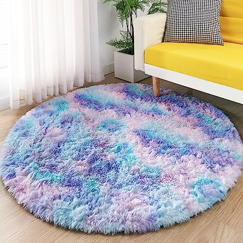 ROHATIM Alfombras Salón Redonda Pelo Largo Alfombra Habitación Dormitorio Lavables Alfombra Antideslizante Muy Suave para salón o Dormitorio, Alfombra esponjosa de Cama(Violeta Azul,Ø 100 cm Ronda)