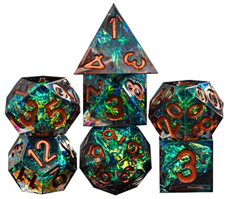 World of Dice - Spacebreaker: Copper Green - handgefertigtes Pen and Paper Würfel Set, 7-teilig, mit Spitzen Kanten und Ecken, für Dungeons and Dragons (DND), Das Schwarze Auge (DSA), Cthulhu, UVM.