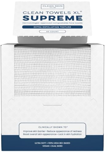 Clean Skin Club Clean Towels XL® Supreme, 100% USDA Biobased Face Towel, Disposable Face Towelette, Eczema Association Accepted, Thicker Textured Dry Wipes, Ultra Absorbent & Soft, 1 Pack, 50 Ct