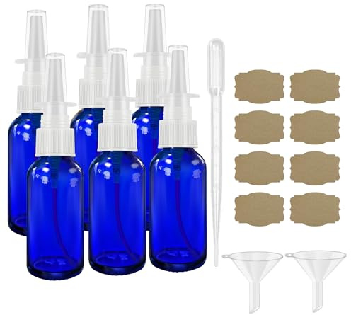 GIVAMEIHF Nässprayflaskor 6 st 30 ml (1 uns) med 2 x tratt, 1 x droppare, 8 x etikett, tom nässprayflaska, bärnstensglas nässprayflaska, presssprayhuvud påfyllningsbar bärbar fin dimma nässprayflaska