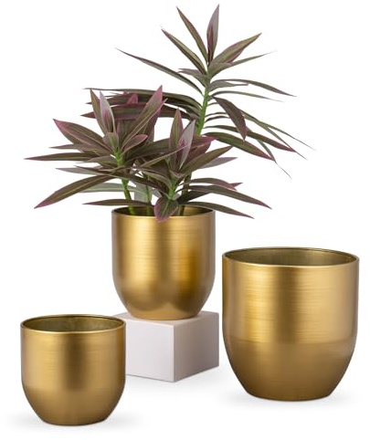 Oairse Set med 3 blomkrukor av galvaniserat stål, perfekt för modern dekoration och blomkrukor, dekorativa zinkkrukor inomhus och utomhus, 16,5 cm/13,5 cm/12 cm, guld