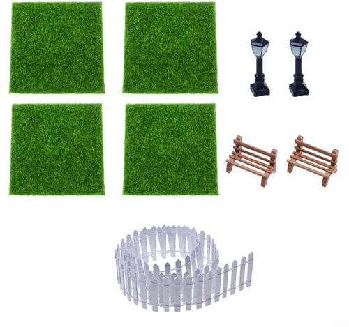 DAZZLEEX 9PCS Garden Tools Landscape Sets Plastic Garden Decoration Set Fences, Street Lamps, Stools, Mini Artificial Grass