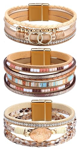 Milacolato 3Pcs Leder Wickelarmbänder für Damen, Boho Wickelarmbänder Leder Manschette Armreif Perlen Armbänder Stapelbare westliche Armbänder Schmuck Geschenke für Damen (Gold)