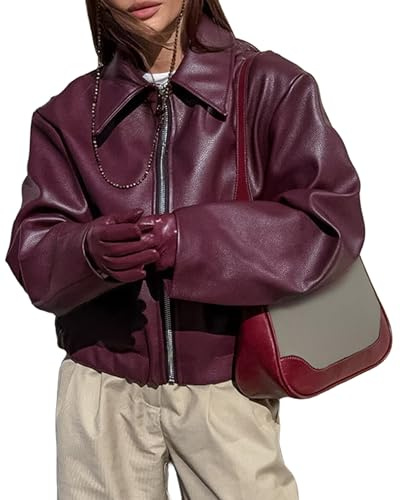 VOIKERDR Faux Leather Jacket Women Burgundy Zip Up Jackets Trendy Motorcycle Jacket Outerwear, Wine, Small