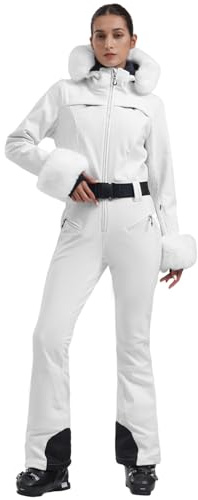 GSOU SNOW Ski Suit Womens One Piece Snowsuit Snowboard Jacket Slim Snow Jumpsuit Faux Fur Ski Outfit Waterproof Windproof Insulated,White M