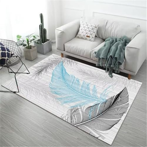 RUGMRZ Teppich nach maß Rugs 150x200CM Teppich groß Rugs for Bedroom Grau Blauer waschbarer Teppich mit großem Federmuster