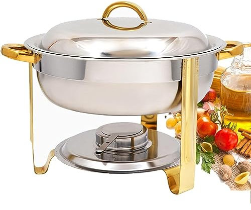 3.5L Gold-Plated Chafing Dish Set, Round Durable Stainless Steel Buffet Serving Tray with Lid, Food Pan and Fuel Holder, for Party, Restaurant, Wedding