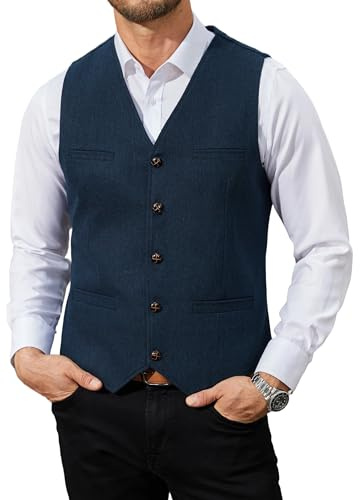 HISDERN kostymväst för män vintage casual tweed väst herr fiskben ullväst formell för bröllop affärer med fickor, Blå, S