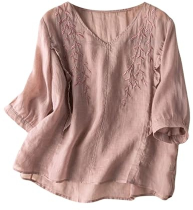 Générique Chemisier Coton et Lin Manches Courtes pour Femme Blouses Ample Col Rond Tunique D'été Bohème Folklore Haut Brodé en Coton et Lin à Manches Trois-Quarts T-Shirts Fantaisie D'Été à Col en V