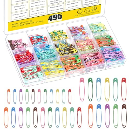 Mardatt 495 Stück 19mm/28mm/32mm 11 Farben Sicherheitsnadeln Set, Deckenstift, Nähschloss Sicherheitsstifte Kohlenstoffstahl Mini Sicherheitsnadeln für Decken, Brosche, Röcke, Handwerk, Kilts