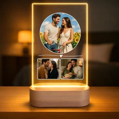 Lámpara Personalizada con 3 Fotos y Corazón Minimalista - Regalo Original con Luz LED en Placa de Metacrilato y Base de Madera USB - Personalización para Boda, Aniversario o San Valentín