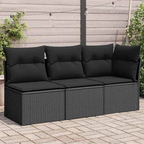 Teenpull Gartensofa 3-Sitzer Schwarz aus PE-Rattan, bequemes Loungesofa mit Kissen und Stauraum, wetterfestes Outdoor-Möbelset für Balkon, Terrasse und Garten