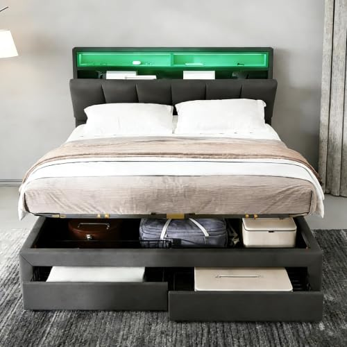 FOERPL Camas 140x190 con Almacenaje Hidráulica y 2 Cajones, Cama Tapizada de Matrimonio con iluminación LED, 140x190cm Cama Canapé con Cabecero y Somier, Lino