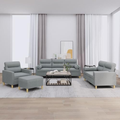 ROMHZKS Sofa Garnitur 3-TLG mit Hocker, Grau - Strapazierfähiger Stoff Bezug, Robustes Metall Gestell, Bequeme Polsterung, Zylinderkissen, Wohnzimmer Sitzgruppe, Kompakt für kleine