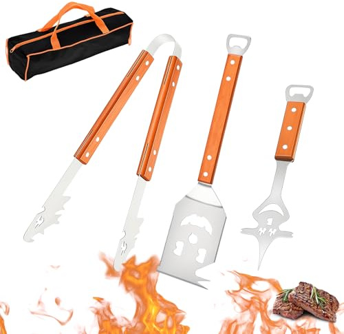 Grillbesteck Set, 3-TLG Grill Edelstahl Grill Besteck mit Holzgriff BBQ Grillset für Männer Geschenk Extra Langes mit Grillwender Fleischgabel für Gasgrill Camping