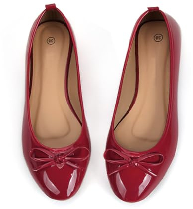 Dernolsea Womens Patent Leather Bow Ballet Flats | Round Toe, Slip On, Ladies Flat Ballet Pumps, Dolly Ballerina Shoes for Office Wedding