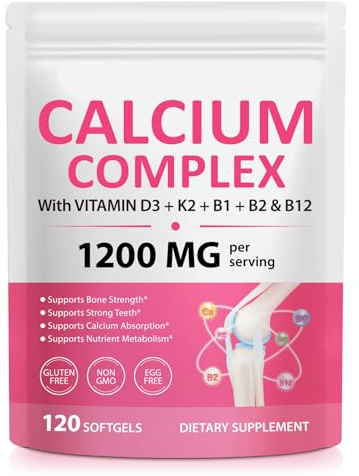 Calcium Supplement, Calcium Complex with Vitamin D3, K2 & B Vitamins, High Strength Supplement, Supports Normal Bones & Teeth, 120 Softgels