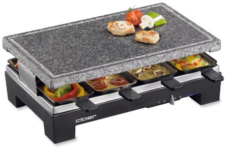 Cloer 6420 Raclettegrill mit Naturstein / 1300 W / 8 grosse Pfännchen antihaftbeschichtet mit wärmeisolierten Griffen