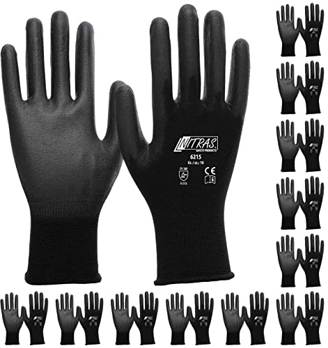 Nitras Lot de 12 paires de travail/d'assemblage avec revêtement CUIR PU - réf. art. 6215 - Noir, Homme, XL