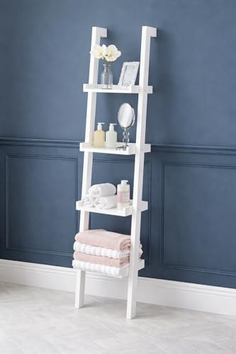 Elegant Brands White Ladder 4 Tier Leaning Bookshelf with Retaining Edges, Slim Scandinavian Storage Unit for Bath, Living Room, Bedroom or Office – Floor Standing with Wall Fixing 180 x 36.5 x 34 cm