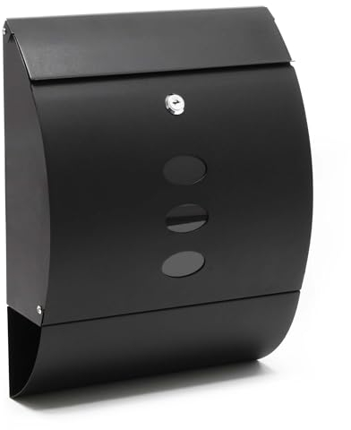 Wiltec Designer Briefkasten V18 schwarz 305 x 120 x 400 mm, Wandbriefkasten mit Schloss, Sichtfenstern und Zeitungsrolle, Postkasten aus pulverbeschichtetem Stahl