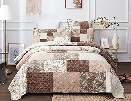 DaDa Bedding Vintage-Tagesdecke mit gedämpftem Staubtee-Rosenmuster, Baumwoll-Patchwork-Tagesdecke, beruhigendes Cord, Boho-Stil, Malve, Rosa und Schokoladenbraun, weich, gesteppt, 2-teilig