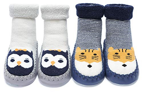 Adorel Baby Socken Anti-Rutsch Hüttenschuhe Gefüttert 2 Paar Blau Hamster & Grau Eule 22-23 EU (Herstellergröße 14)
