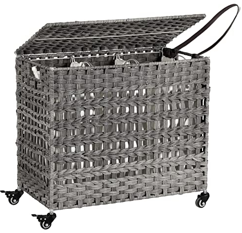 SONGMICS Wäschekorb, handgewebt, Wäschekorb in Rattanoptik, mobil, 3 Sortierfächer, Deckel, Griffe, abnehmbare Taschen, Wohnzimmer, Badezimmer, Waschküche, Grau LCB083G02