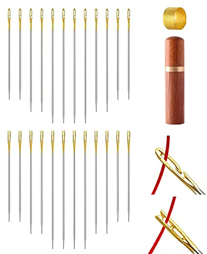 Redamancy Agujas de Coser a Mano, 48 Piezas Agujas de Enhebrado Automático, Kits de Agujas de Coser Hechas a Mano en 3 Tamaños, 1 Con caja de agujas de madera y 1 dedal, Para Coser, Bricolaje