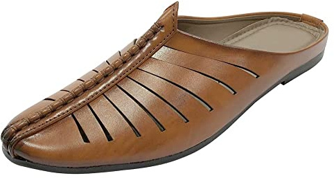 Punjabi Jutti For Men's Tan Traditional Handmade Loafers Mules Shoes Indian Sherwani Ethnic Mojari Backopen Juti