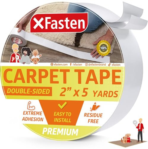 XFasten Ruban adhésif double face pour tapis – 0,6 m x 4,6 m, 7,6 cm pour moquette à moquette, planchers en bois dur, zones à fort trafic, facile à utiliser