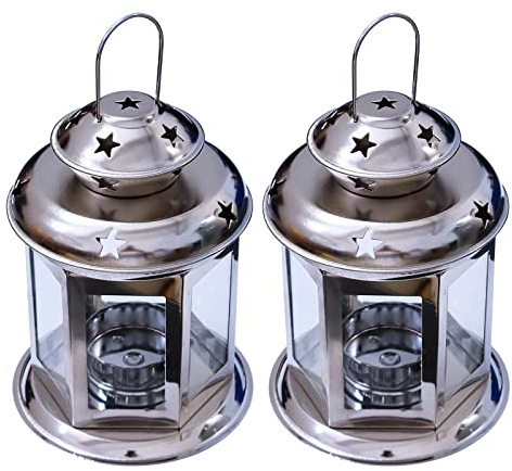 Paar europäische Design Antik Glas hängende Kerzenlaternen mit Sternen Metallrahmen Kerzenhalter Nachtlampe Romantische Weihnachten Hochzeit Party Dekoration Originalverpackung (Silber)