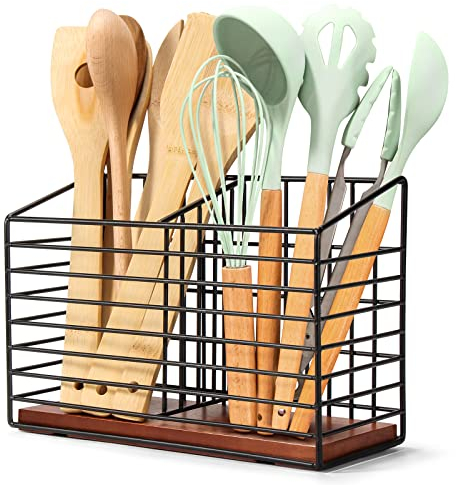 THYGIFTREE Kitchen Organizer for Counter - Large Black Metal Cooking Utensil Holder with Wooden Base - Modern Farmhouse Utensil Caddy