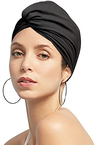 Schwimmkappe Damen Turban Badekappe Ohrenschutz Badehaube rutschfest Swimming Cap Retro Schwimmhaube Mädchen Bademütze Elastisch Schwimmmütze Sommer Schwimmkappe für Lange Kurze Haare Frauen Schwarz