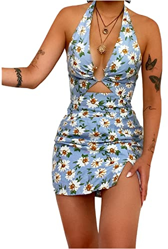HEYPORK Damen Frühling Sommer Rock Bequem Lässig Kleider Mode Frauen Röcke Gedruckt Sexy Halter Backless Einteiligen Badeanzug(Blau, S)