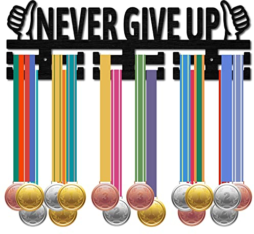 CREATCABIN Never Give Up Medaillenhalter Sport Medaillenständer Display Wandregal Montiert Über 30 Medaillen Aus Holz Zum Schwimmen Fahrrad Laufen Sportler Champions Medaillengewinner Schwarz 40x13cm