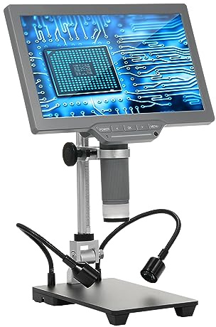 Digitalt mikroskop med 10,1-tums IPS-skärm, TV-digitalmikroskop för elektronisk reparation, myntmikroskop med IR-fjärrkontroll, USB-kabel, uttag och metallhållare