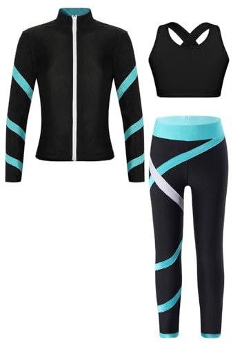 Jugaoge Mädchen Sport Bekleidungsset aus Bustier Top und Lange Hose Langarm Jacke mit Reisverschluss Fitness Yoga Training Tanz Outfits Blau Grün 134-140