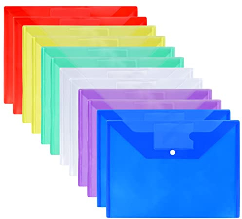 Cozlly 12-pack plastmappar, A4 plastmappar, plastplånböcker, mappar, A4-dokumentplånbok vikbara dokumentfiler, genomskinliga plastplånböcker för arkivförvaring, pappersorganisering