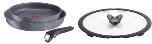 Lagostina Ingenio Mineralis Eco Set Padelle Antiaderenti in Alluminio 100% Riciclato & Ingenio Induction Coperchio in Vetro e Silicone, Nero e Trasparente, 28 cm