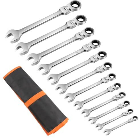 Acasimo 12-teiliges Ratschen-Ringmaulschlüssel-Set mit um 180°abgewinkeltem verstellbarem Kopf Flexibler Ringmaulschlüssel in Industriequalität, einfach zu handhaben,professionelles Heimwerkerwerkzeug