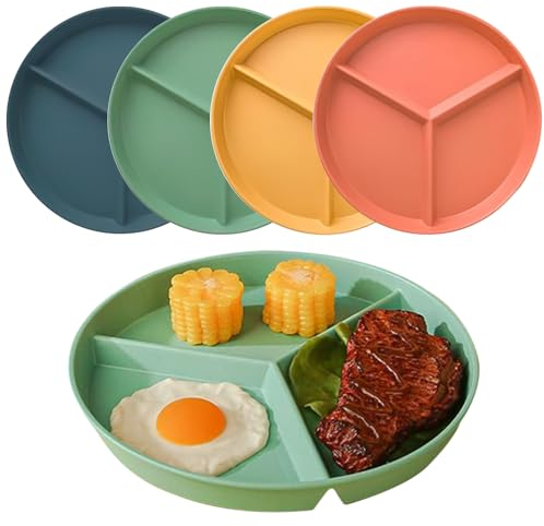 WYTNB 4 Set di Piatto per Controllo Delle Porzioni, 24.5CM Piatto Diviso in Plastica con 3 Scomparti, Riutilizzabili Piatto Piano Colorato in Plastica per Adulti e Bambini