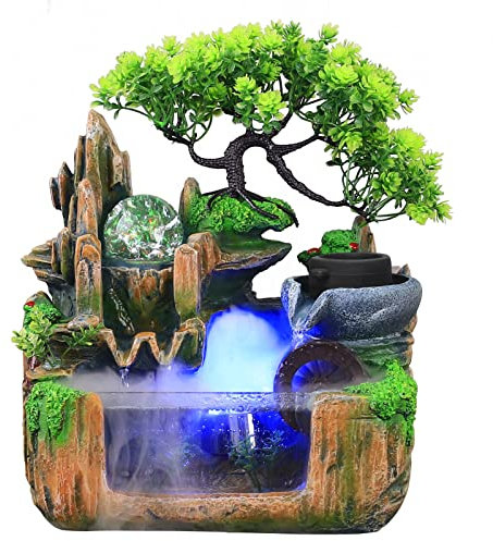 Fontaine d'intérieur avec éclairage LED, brouillard plantes, cascade, fontaine de bureau, fontaine de table, pour décoration de salon, chambre, bureau, méditation et détente