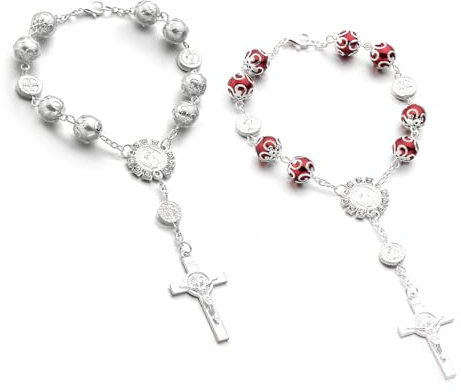 Ohleats Auto-Rosenkranz für Rückspiegel, personalisierbar, Kreuz-Segenperlen, Dekoration, katholischer Rosenkranz zum Aufhängen, Innenraum, für Herren und Damen, Autozubehör (Silber + Rot)