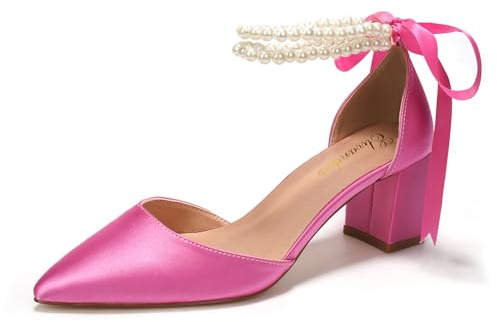Elivandon J1585 Women's Satin Pointed Toe Mid-Heel Evening Sandals 2.36 inches Block Heel Bridal Party Wedding Pumps with Double Pearl Strap