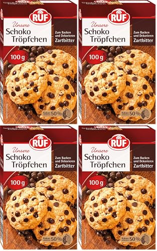 RUF Schoko-Tröpfchen Zartbitter, backfeste Schokoladen-Tropfen zum Backen & Dekorieren von Kuchen & Co., Topping für Porridge, glutenfrei & vegan (Packung mit 4)