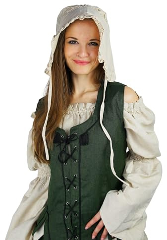 Leonardo Carbone® Damen Kopfbedeckung Bundhaube Mit Rüsche | Verzierter Rand | Bequeme Passform | Karneval, Halloween, Cosplay, LARP, Mittelalter, Haube, Hut | 100% Baumwolle Natur
